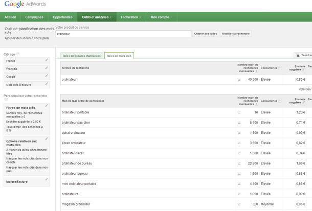 planificateur de mots cles Google Adwords